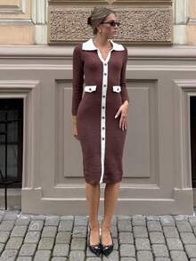 Pariaura French Collar Fitted Color Block Sweater Dress For Women - Coffee Brown - View 4