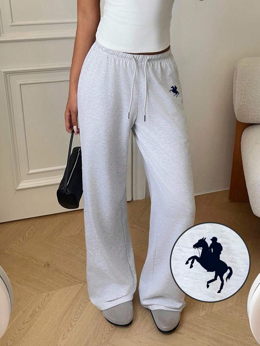 Aloruh 休闲简约运动风直筒马标志印花女式卫衣和裤子套装，适合日常穿着、家居服、运动装、秋冬装 - 淺灰色 - 查看 1