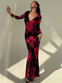 Aloruh Romantic Floral Print V-Neck Bodycon Dress - Multicolor - View 8