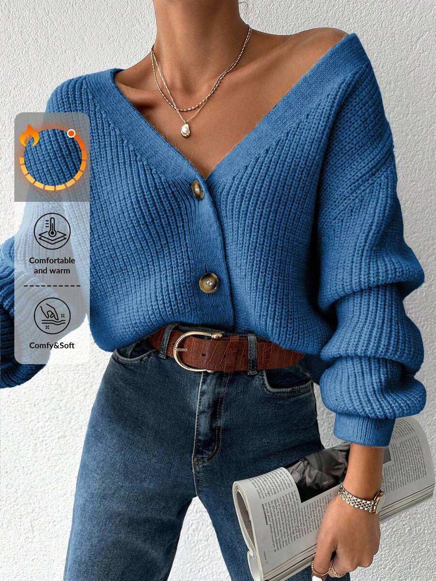 EURMUSE Áo khoác cardigan dáng rộng thoải mái cổ chữ V tay dài cài nút cho nữ - Màu xanh ngọc - Xem 1