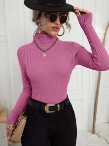 EURMUSE 休闲纯色高领修身毛衣 - 粉色 - 查看 3
