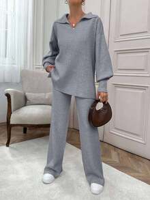SHEIN Cottnline Rib Pattern Polo Neck Sweater And Pant 2pcs Set - Grey - View 5