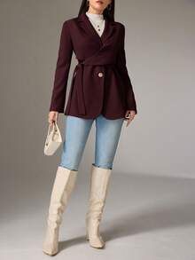 Heiryn 女式纯色长袖侧系带休闲/工作西装外套，秋季 - 酒紅色 - 查看 4