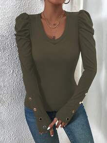 EMERY ROSE Casual Solid Color Puff Sleeve Fitted T-Shirt, Autumn - Green - View 4