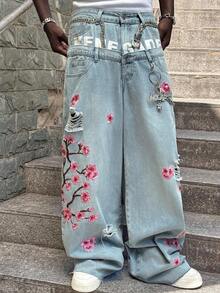 ROMWE MEN Street Life Men's Floral Embroidered Loose Fit Double-Waistband Jeans