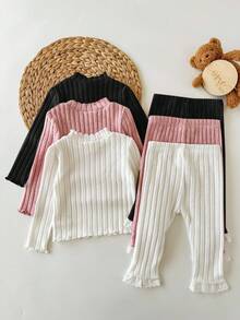 SHEIN Set 6 Potong Bayi Perempuan Hitam Putih, Musim Gugur, Lucu, Seragam Keluarga, Atasan dan Celana Rajut Bergaris Warna Polos, Set Sweater Lengan Panjang Lembut untuk Musim Dingin - MultiWarna - View 3