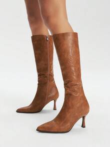 Styleloop Women's Suede Pointed Toe High Heel Elastic Boots, Non-Slip Soft Sole Slim Heel Mid-Calf Boots For Autumn/Winter - Brown - View 5