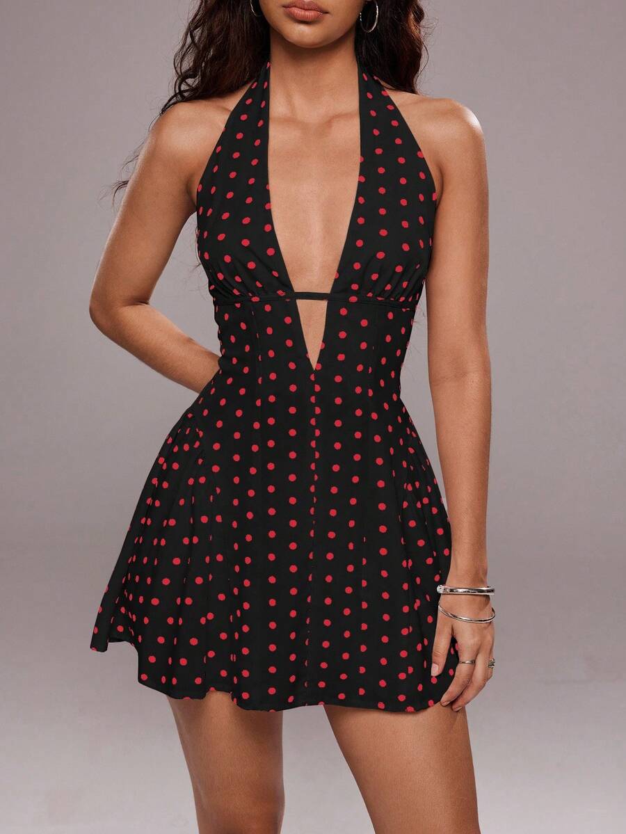 TRNVIE 女式性感波尔卡圆点印花露背挂脖迷你连衣裙，夏季 - 黑色 - 查看 1