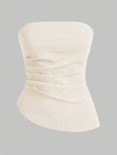 SHEIN Essnce Women's Solid Color Ruched Asymmetric Hem Camisole Top Tube Top With Bra White Tube Top Women Strapless Shirt Curve Tube Top Long Tube Top
