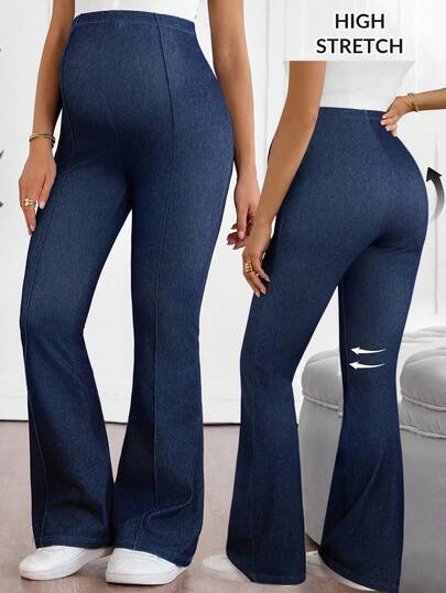 SHEIN Jeans de maternidad de talle alto, lavados, de corte slim y acampanados, elegantes para Navidad, Halloween, otoño, invierno, Día Nacional, uso casual, de cumpleaños, aeropuerto, negocios, estilo de país y vintage