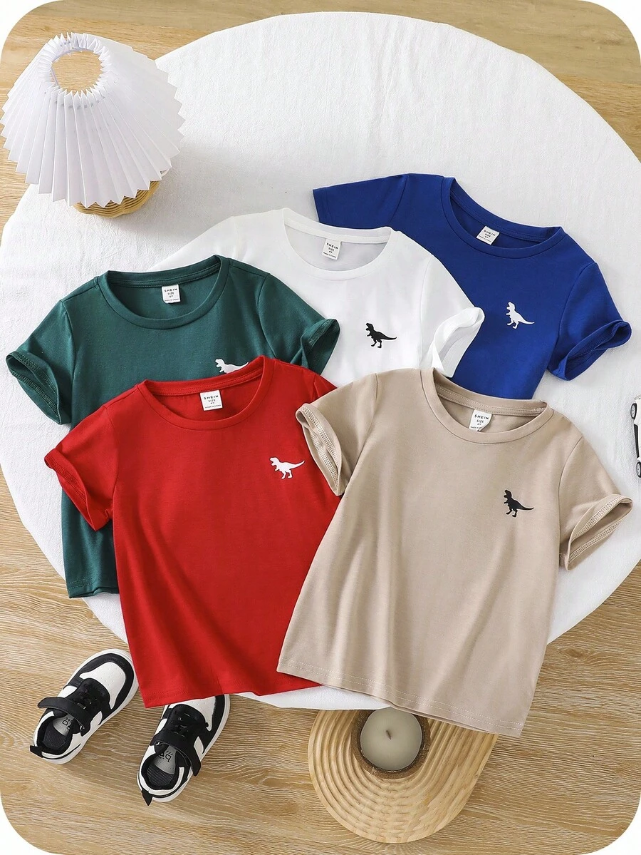 SHEIN 5 Stücke/Set Kleine Jungen Süß Bequem Dinosaurier Muster Eng anliegende Crew Neck Kurzarm T-Shirts