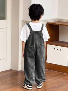 SHEIN Young Boy Blue Denim Overalls With Ankle Cuffs - Black - View 2