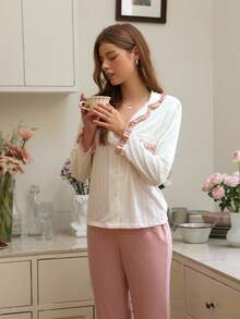 Snug Reverie Soft Texture Knit Frill Trim Open Front Long Sleeve Top & Pants Lounge Set Cozy Outfit, Fall Winter Clothes - Pink - View 7