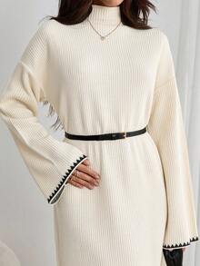EURMUSE Elegant Cream Ribbed Knit Maxi Dress With Mock Neck And Subtle Black Contrast Wave Hem – Minimal Winter Statement Piece Elegant Cream Rib Knit Maxi Sweater Dress With Contrast Trim And Belted Waist For Minimal Chic Fall Looks - Beige - View 4