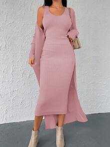 EURMUSE 2pcs Solid Color Cardigan Knit Dress Set, Casual & Commuting, Autumn/Winter - Baby Pink - View 3