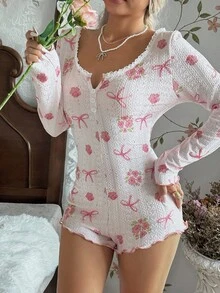 CottageSlumber 女士粉色针织提花玫瑰蝴蝶结图案浪漫连体睡衣，适合秋冬季穿着 - 粉色 - 查看 5