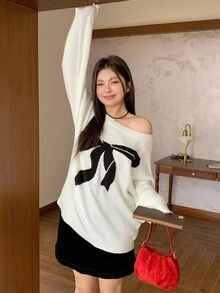 Dazy Plus Fashionable Loose Fit Bow Jacquard Scoop Neck Drop Shoulder Sweater For Young Women, Autumn/Winter - White - View 3