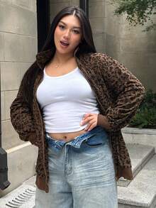 Dazy Plus Sudadera holgada con cremallera y estampado de leopardo para mujer de talla grande, estilo callejero