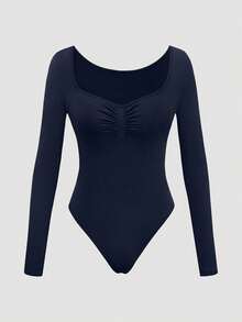 Women's Solid Color Sweetheart Neck Long Sleeve Ruffle Bodysuit - Navy Blue - View 3