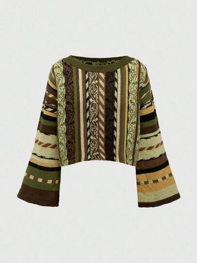 Suéter de cuello redondo a rayas con estilo hippie bohemio