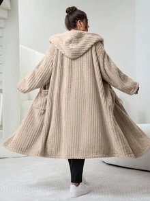 SHEIN CURVE+ Plus Size Women's Plus Size Hooded Long Sleeved Jacket, Suede Jacket, Suitable For Autumn And Winter - Khaki - View 7