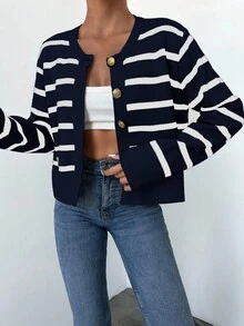 EURMUSE 女式条纹印花长袖纽扣装饰休闲开衫，秋冬 - 藏蓝色 - 查看 4