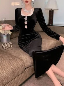 DAZY 女士优雅蕾丝拼布蝴蝶结天鹅绒中长连衣裙，秋季舞会礼服 - 黑色 - 查看 3
