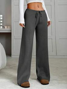 EURMUSE Women's Solid Color Lace-Up Ribbed Straight Loose Casual Sweater Pants,Burgundy Trousers - Dark Grey - View 6