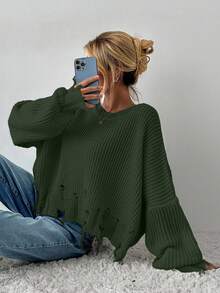 EURMUSE Women's Casual Solid Color Distressed Drop Shoulder Oversized Sweater, Autumn/Winter - Army Green - View 3