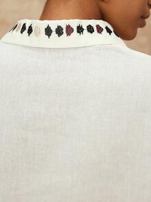 Lumalex 女式休闲度假风格刺绣佩斯利图案落肩宽松长袖衬衫，春秋 - 米色 - 查看 8