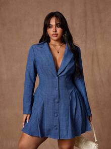 Rustia Robe décontractée élégante vintage à manches longues avec col et plissée, effet denim, pour femmes grandes tailles, bleu