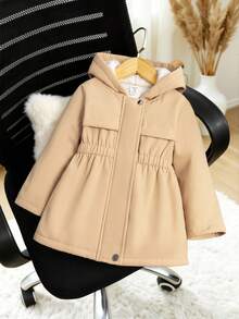 SHEIN Áo khoác nỉ trùm đầu màu trơn tay dài có khóa kéo phía trước cho bé gái mùa đông thường ngày - màu đen - Xem 3