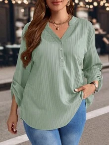 EMERY ROSE 加大码纯色缺口领卷袖休闲衬衫，冬季服装 - 綠色 - 查看 6