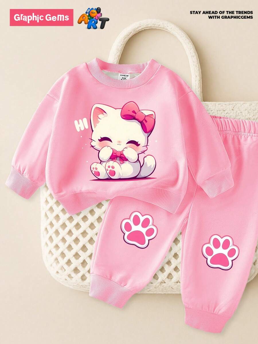 GraphicGems 1 套女婴休闲可爱卡通猫咪蝴蝶结印花圆领运动衫和猫爪印花运动裤套装，秋冬 - 彩色 - 查看 1