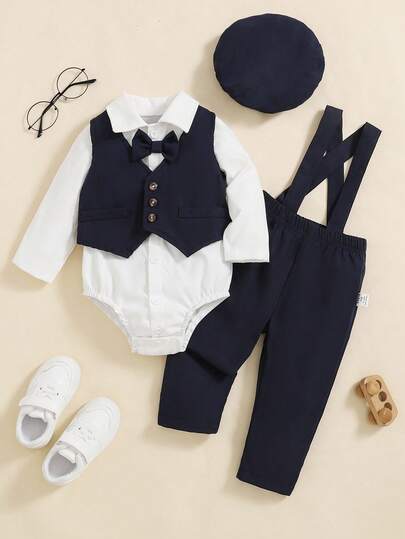 Christmas,Halloween Clothing For Baby Boys,Winter,Wednesday,Black Dress,4pcs/Set Baby Boys Gentleman Style Bow Tie Shirt, Suspender, Khaki Pants Outfit, Autumn/Winter Baby Boy Gentlemen Outfit Gentleman Outfit Toddler Infant Tuxedo Set Toddle Boys Dress Set Long Sleeve Shirt Top Vest Bib Pants Bow Tie