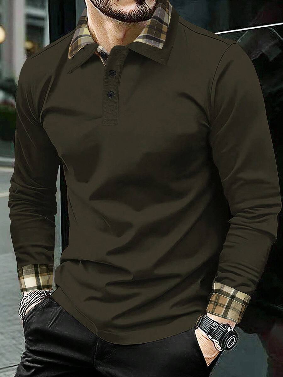 Manfinity Homme 男士格子拼接长袖休闲通勤 Polo 衫,黑色和卡其色长袖 Polo 衫,适合日常休闲、周末旅行、户外活动、探险旅行、轻松的工作环境或半正式场合,可作为男友/丈夫礼物、周年纪念礼物,秋季必备。 - 軍綠色 - 查看 1