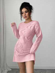 Elenzga 女式花卉纹理落肩长袖休闲针织连衣裙，秋冬 - 粉色 - 查看 4