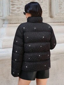 SHEIN Tall 高腰剪裁钻石细节羽绒冬季大衣 - 黑色 - 查看 2