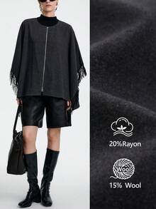 Aalyst Chaqueta sin mangas con cuello de chal, cierre de cremallera y decoración con flecos, de estilo gótico vintage para mujer. Tela suave y de alta gama, adecuada para uso casual, de commute, al aire libre y de fiesta en otoño/invierno - Gris Oscuro - Ver 6