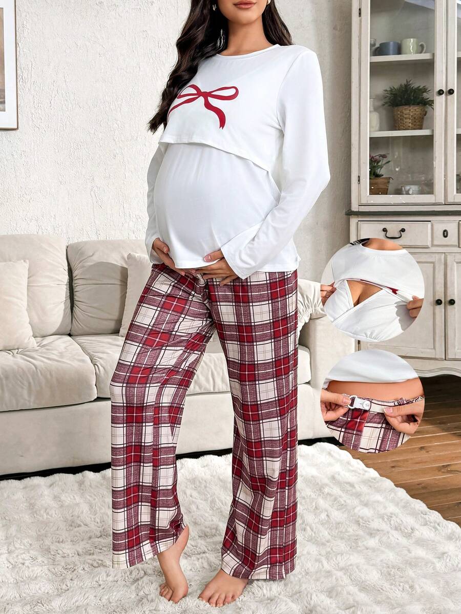 Moonlight&Mama 2pcs Nursing Maternity Sleepwear Set - Bow Print Long Sleeve Top And Plaid Pants, Casual Maternity Lounge Set Christmas Pajamas Women Maternity Pj Set For Women, Fall Winter Clothes - White - View 1