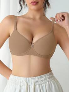 1 件女士简约纯色钢圈文胸 - 卡其色 - 查看 5