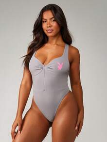 Missguided x Playboy Zip Front Bodysuit High Cut Athletic Compression Sleeveless Leotard One Piece Swimsuit Yoga Gym Activewear - Grey - View 4