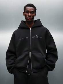 PLAYBOY X SUMWON 常规经典全拉链连帽衫街头时尚冬季休闲家居服，带前中心口袋，基本款休闲日常穿着 - 黑色 - 查看 3