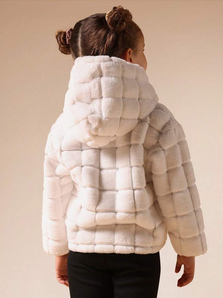 Quilted Fur Hooded Coat With Bow Buttons