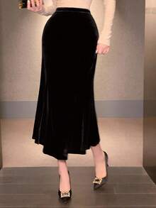 DAZY 女士休闲纯色A字裙，秋冬女装裙 - 黑色 - 查看 4