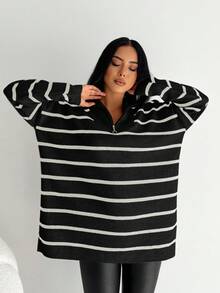EURMUSE Striped Pattern Drop Shoulder Polo Neck Sweater - Black - View 5