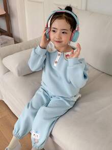 DAZY 2pcs Young Girls Doll Face Knitted Thermal Lined Sweatshirt And Pants Set, Fall, Winter - Blue - View 5