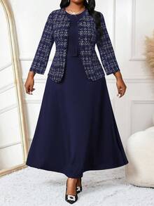 SHEIN Lady 2025 New Spring And Summer Autumn And Winter Casual Elegant Round Neck Flared Belted Button Midi Long Sleeve Casual Elegant Navy Blue Dress Professional Clothes Brown Skirt Black Skirt Women Outfit Sets Winter Dress&Jacket New Year Outfit - Navy Blue - View 1