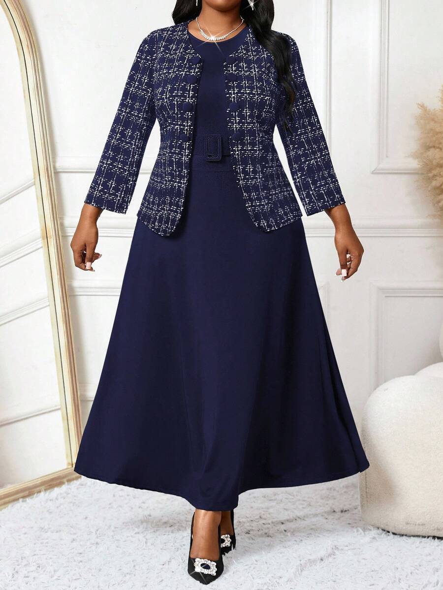 SHEIN Lady 2025 New Spring And Summer Autumn And Winter Casual Elegant Round Neck Flared Belted Button Midi Long Sleeve Casual Elegant Navy Blue Dress Professional Clothes Brown Skirt Black Skirt Women Outfit Sets Winter Dress&Jacket New Year Outfit - Navy Blue - View 1