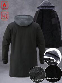 Manfinity Homme 可拆卸帽兜，前拉链，加厚保暖内衬，时尚男士长款羽绒服，秋冬款 - 黑色 - 查看 4